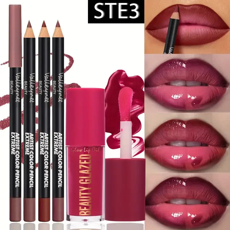 4pcs Lip Kit Set – 3 Lip Liners + Lip Glaze | Waterproof Matte Finish