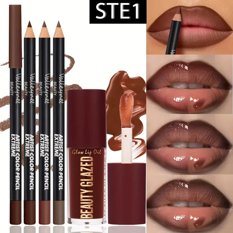 4pcs Lip Kit Set – 3 Lip Liners + Lip Glaze | Waterproof Matte Finish