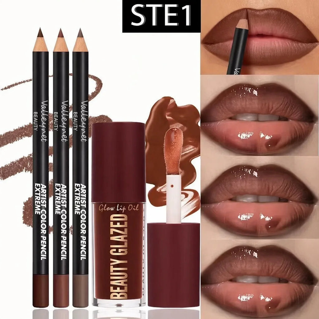 4pcs Lip Kit Set – 3 Lip Liners + Lip Glaze | Waterproof Matte Finish