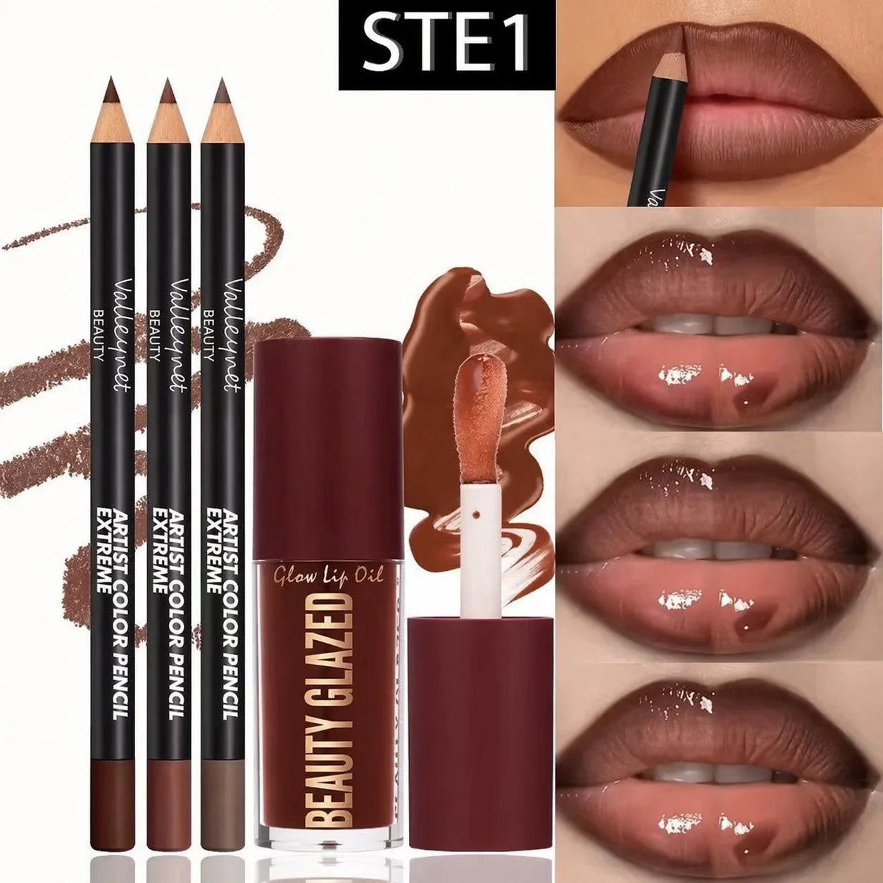 4pcs Lip Kit Set – 3 Lip Liners + Lip Glaze | Waterproof Matte Finish