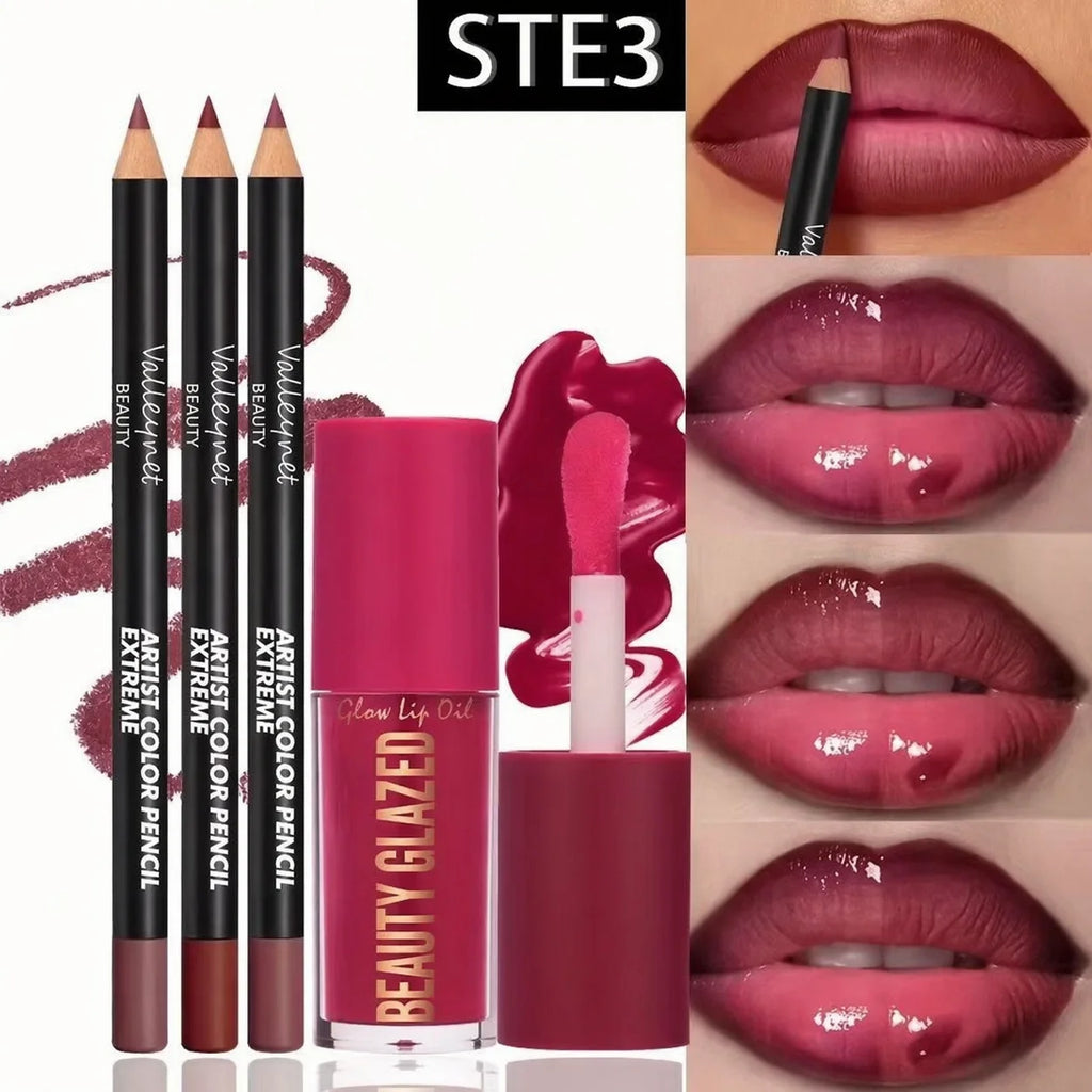 4pcs Lip Kit Set – 3 Lip Liners + Lip Glaze | Waterproof Matte Finish