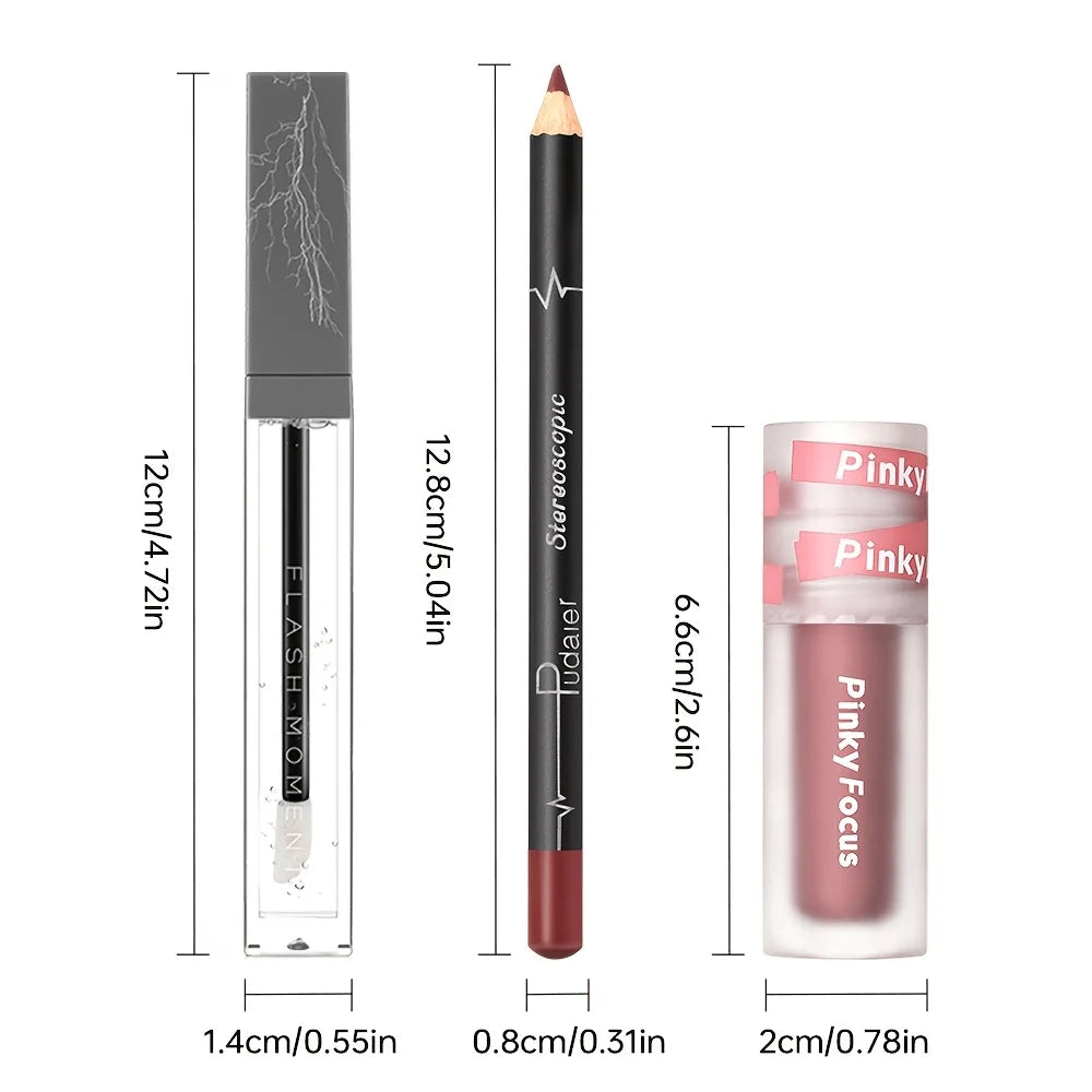 3PCS Glossy Lip Set – Shimmer Lip Gloss + Lip Oil + Lip Liner