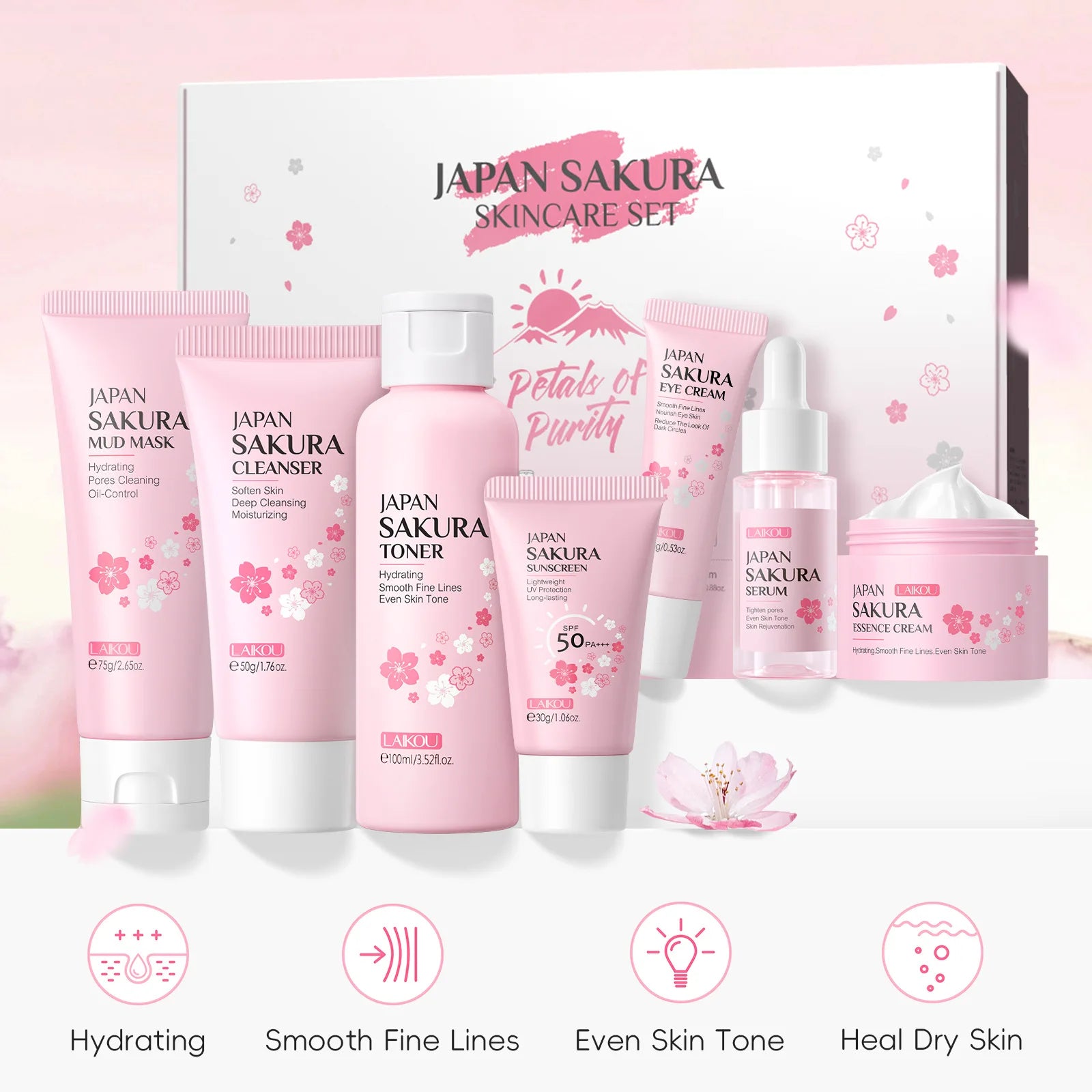Korean Sakura Skincare Set – Hydration, Cleansing & Sun Protection