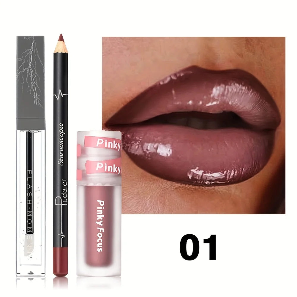3PCS Glossy Lip Set – Shimmer Lip Gloss + Lip Oil + Lip Liner