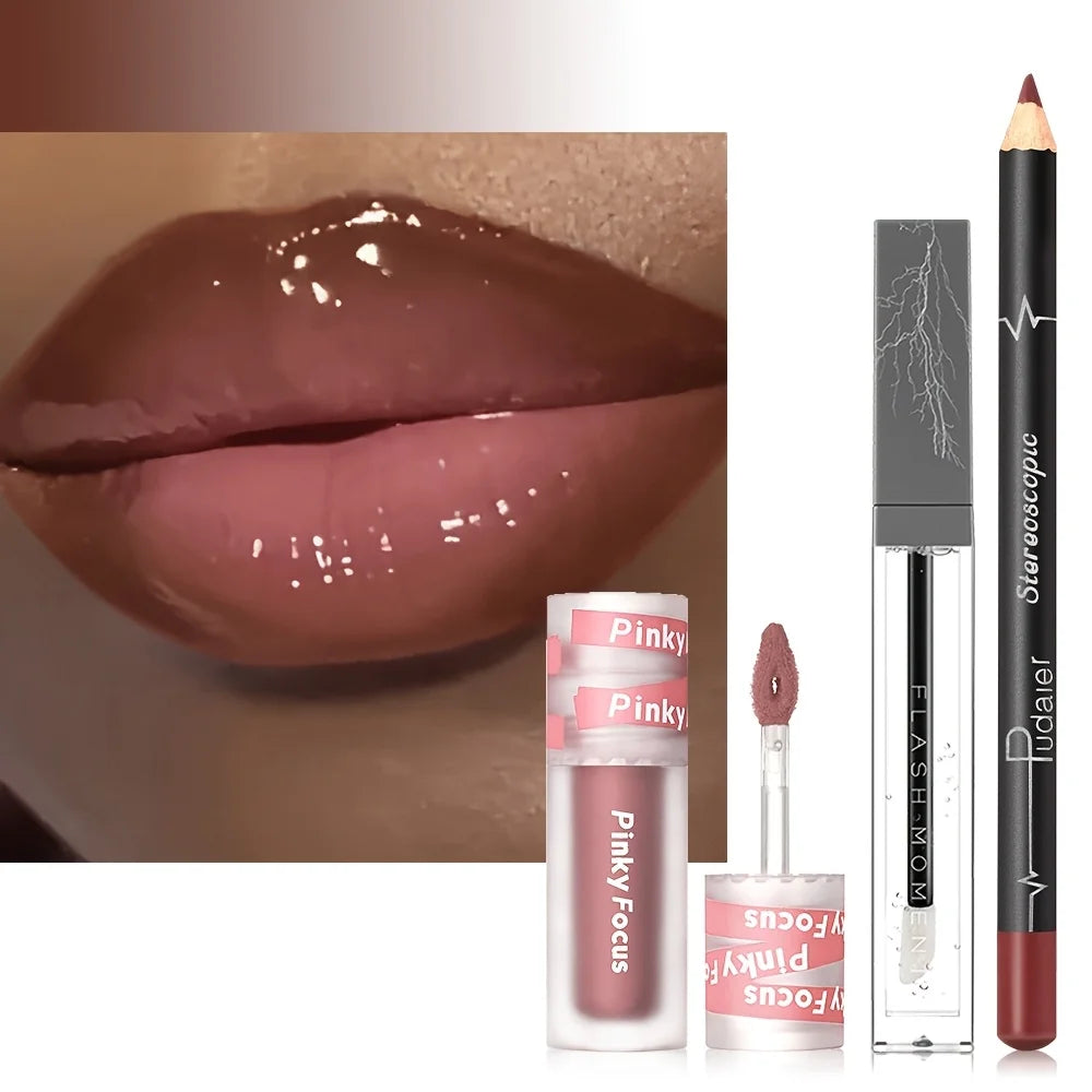 3PCS Glossy Lip Set – Shimmer Lip Gloss + Lip Oil + Lip Liner